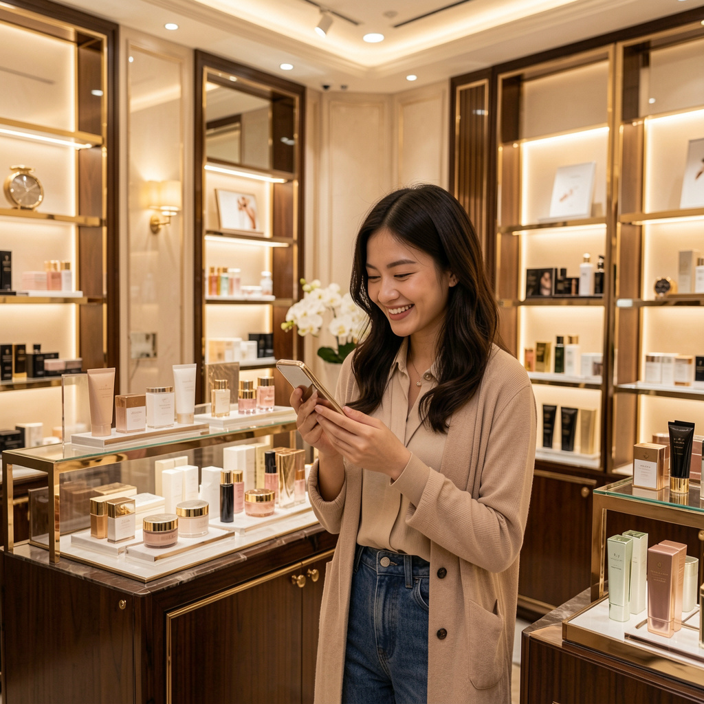 Een beautyprofessional in een hoogwaardige kliniek gebruikt digitale tools voor productselectie en marktkennis.