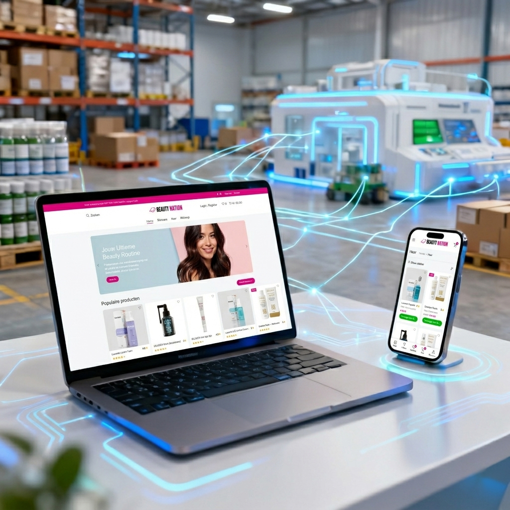 Een consument bekijkt een online assortiment op haar smartphone in een fysieke cosmeticawinkel.
